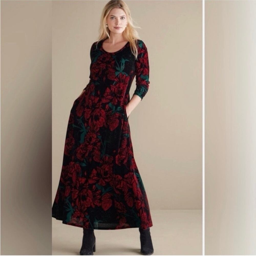 Soft Surroundings Black&Red Floral Santiago Velvet Maxi Dress Sz.XL